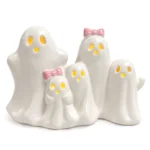 Set of 5 white ceramic LED ghost figurines with pink bows, front studio view