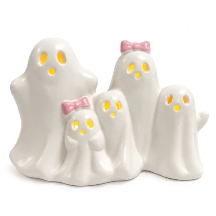 Set of 5 white ceramic LED ghost figurines with pink bows, front studio view