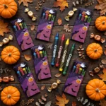 Flat lay of Halloween mini wax crayon packs with sweets and party decorations