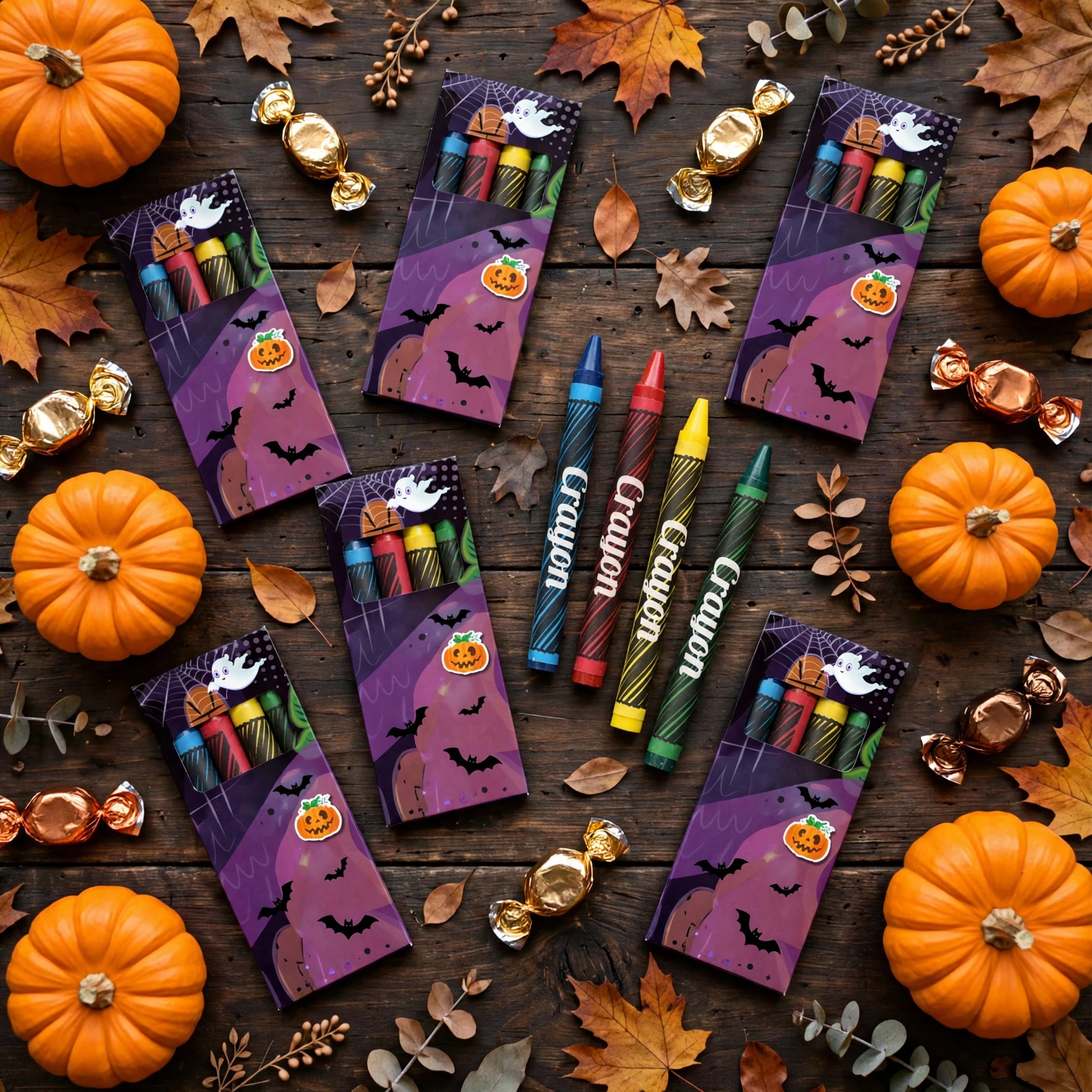Flat lay of Halloween mini wax crayon packs with sweets and party decorations