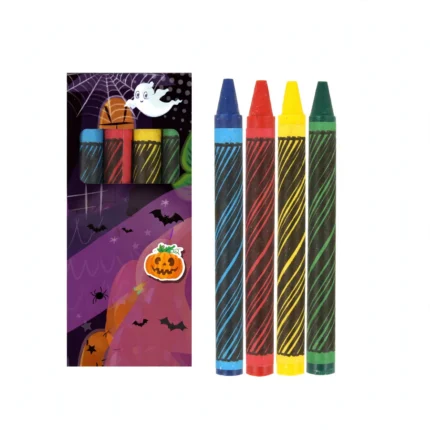 Halloween mini wax crayon packs in purple and black spooky sleeves with ghost and pumpkin print, front view