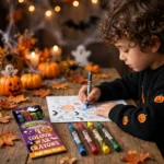 Child colouring with Halloween mini wax crayon packs on a party table