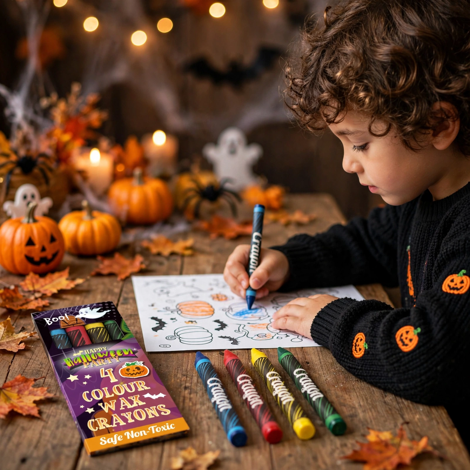 Child colouring with Halloween mini wax crayon packs on a party table