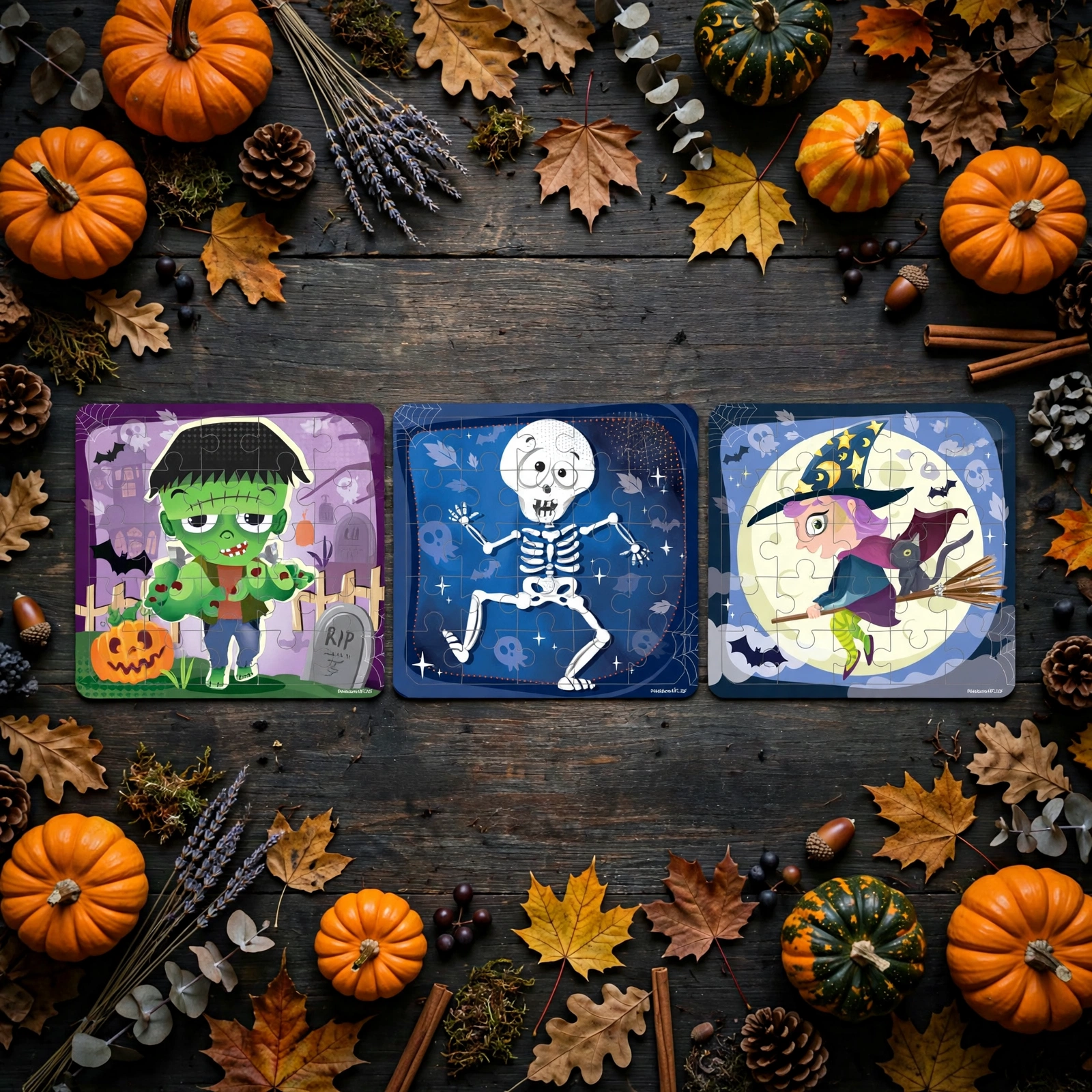 Halloween mini jigsaw puzzles in Frankenstein, skeleton and witch designs