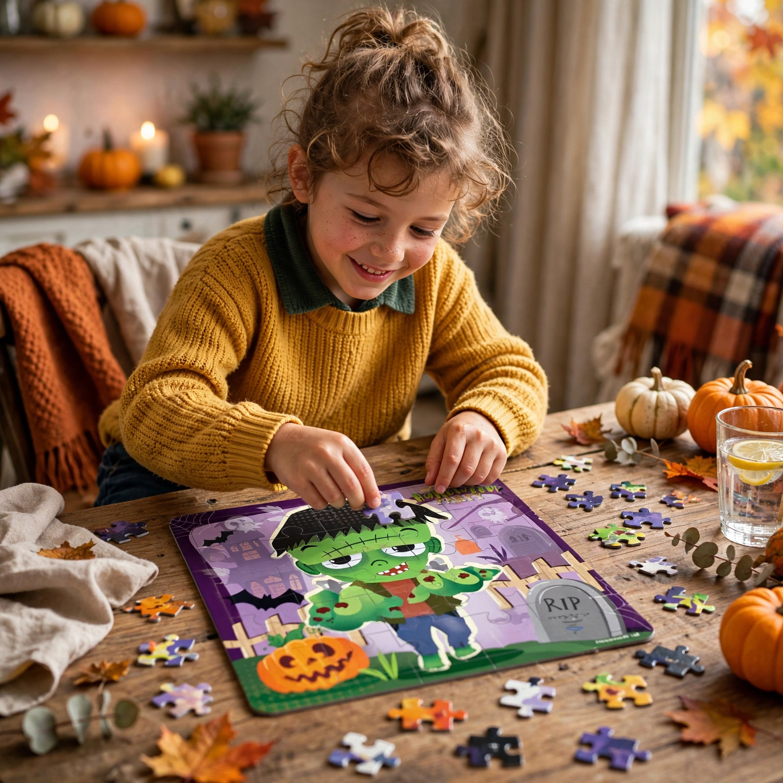 Child completing a Halloween mini jigsaw puzzle at a table