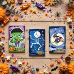 Three Halloween mini notebooks styled with party decorations