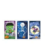 Three Halloween mini notebooks with Frankenstein skeleton and witch designs, front view