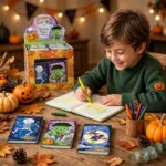 Child drawing in a Frankenstein Halloween mini notebook