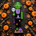 Flat lay of the Halloween nutcracker with mini pumpkins and autumn leaves