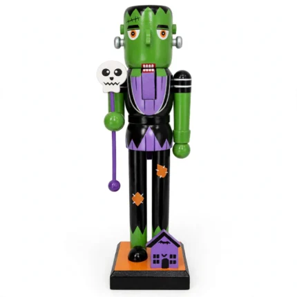 Frankenstein Halloween nutcracker 25cm with green face and skull staff, front view
