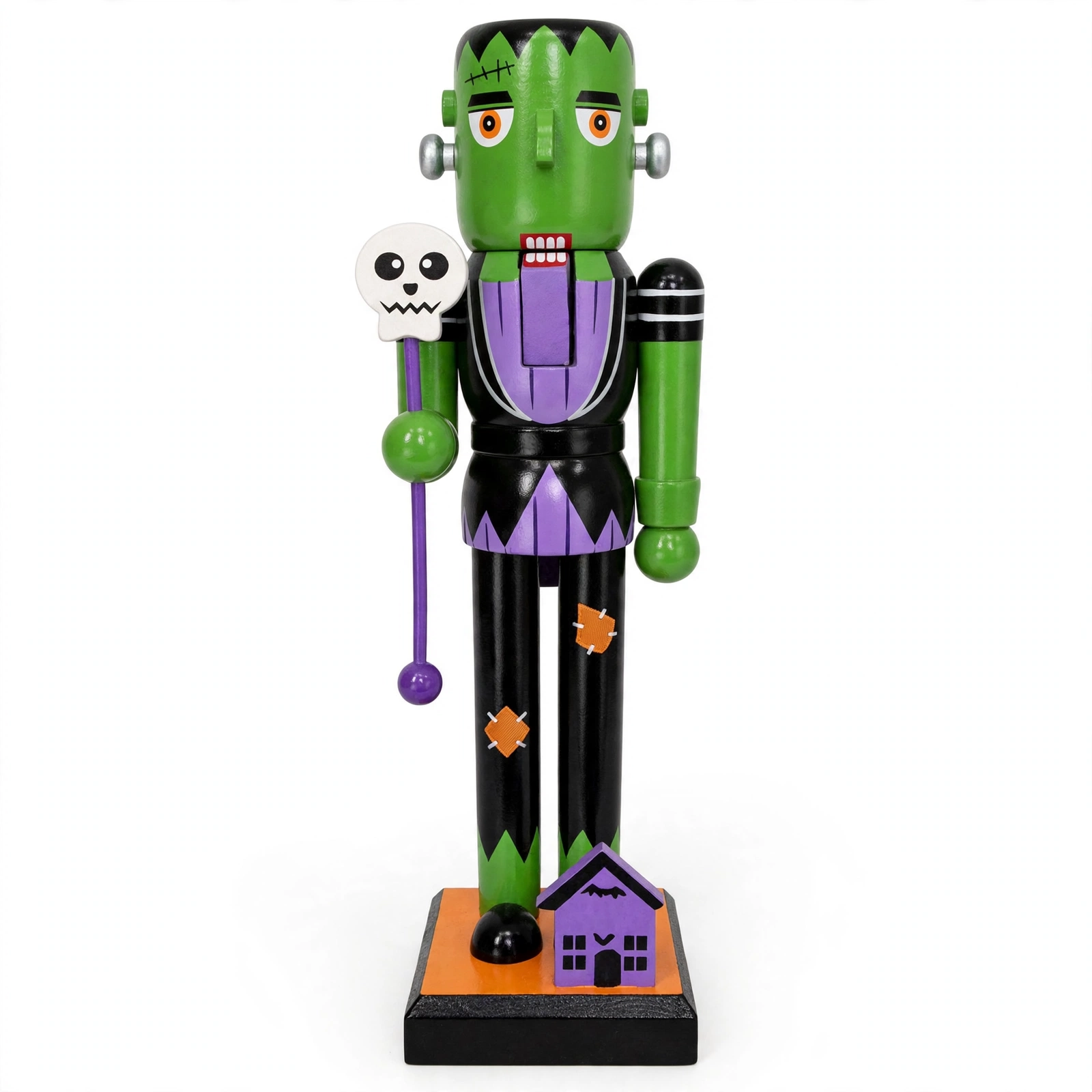 Halloween Nutcracker Frankenstein Front View Frankenstein Halloween nutcracker 25cm with green face and skull staff, front view