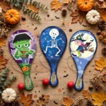 Halloween paddle bat and ball games styled flat lay