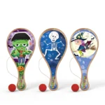 Halloween wooden paddle bat and ball games three designs front view