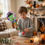 Child playing with the Halloween paddle bat and ball game
