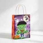 Halloween paper party bag with handles at an angle showing the side print