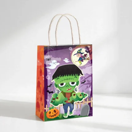 Halloween paper party bag with handles at an angle showing the side print