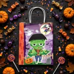 Flat lay of the Halloween paper party bag with sweets and party decorations