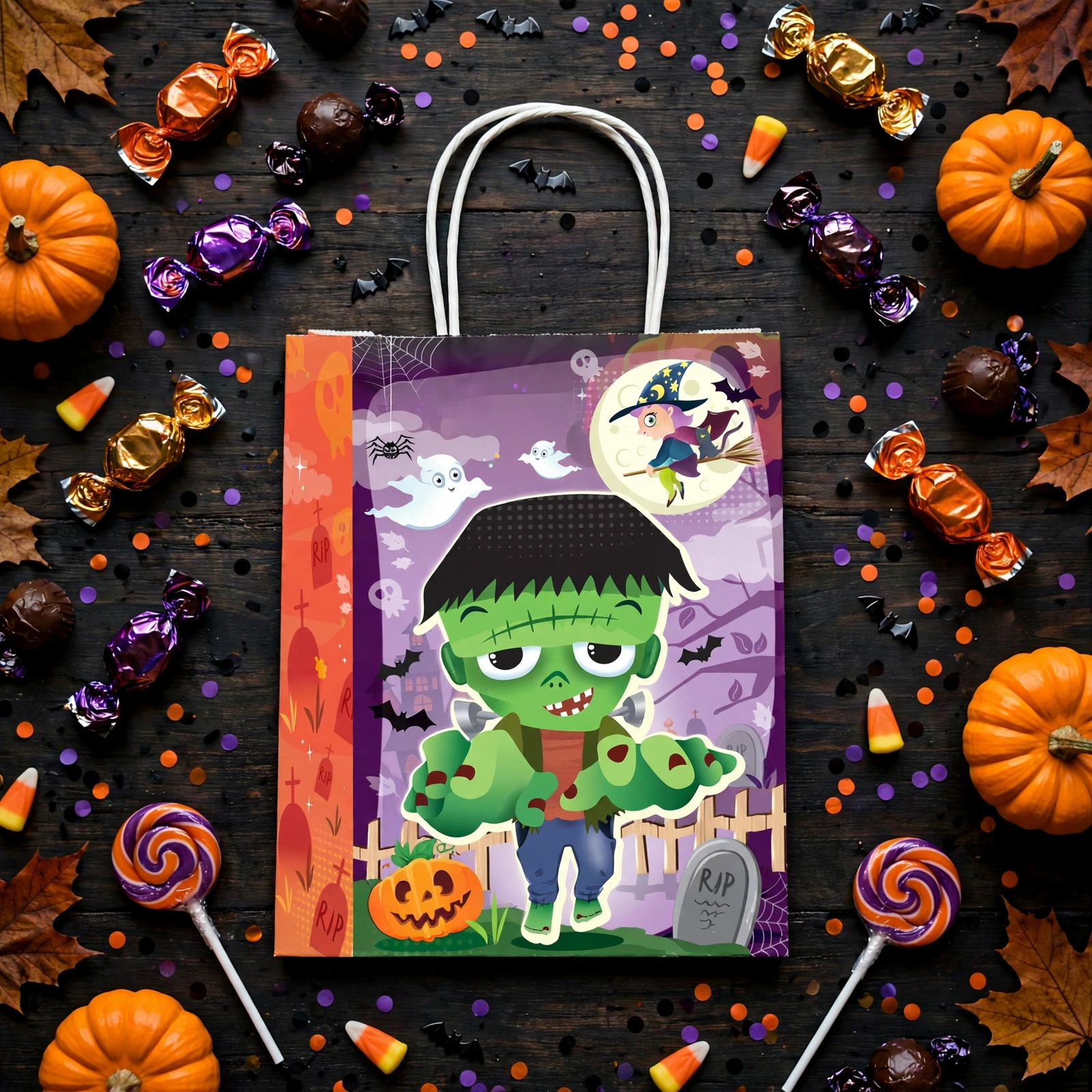 Flat lay of the Halloween paper party bag with sweets and party decorations