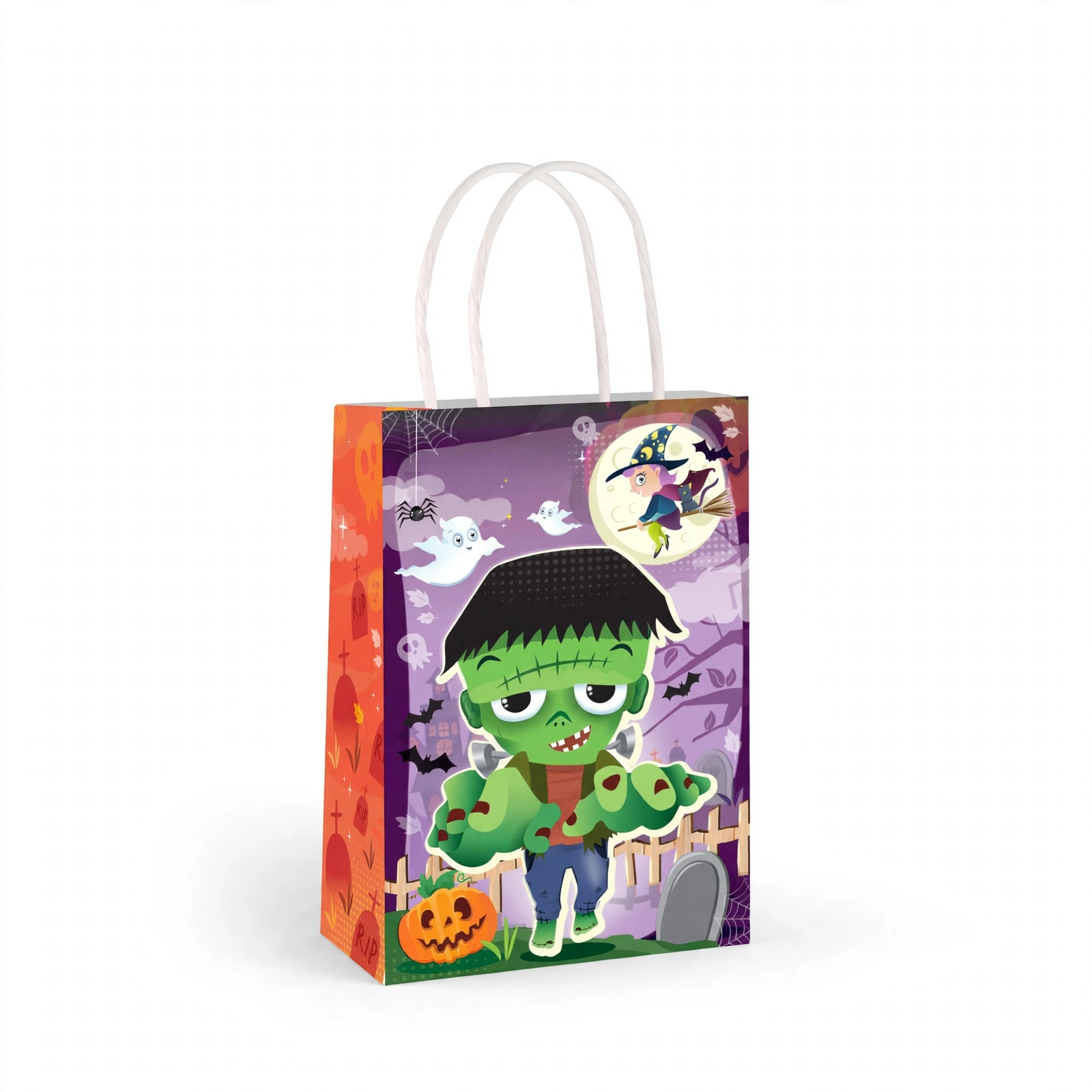 Child carrying a Halloween paper party bag with handles full of sweets
