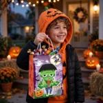 Child carrying a Halloween paper party bag with handles full of sweets