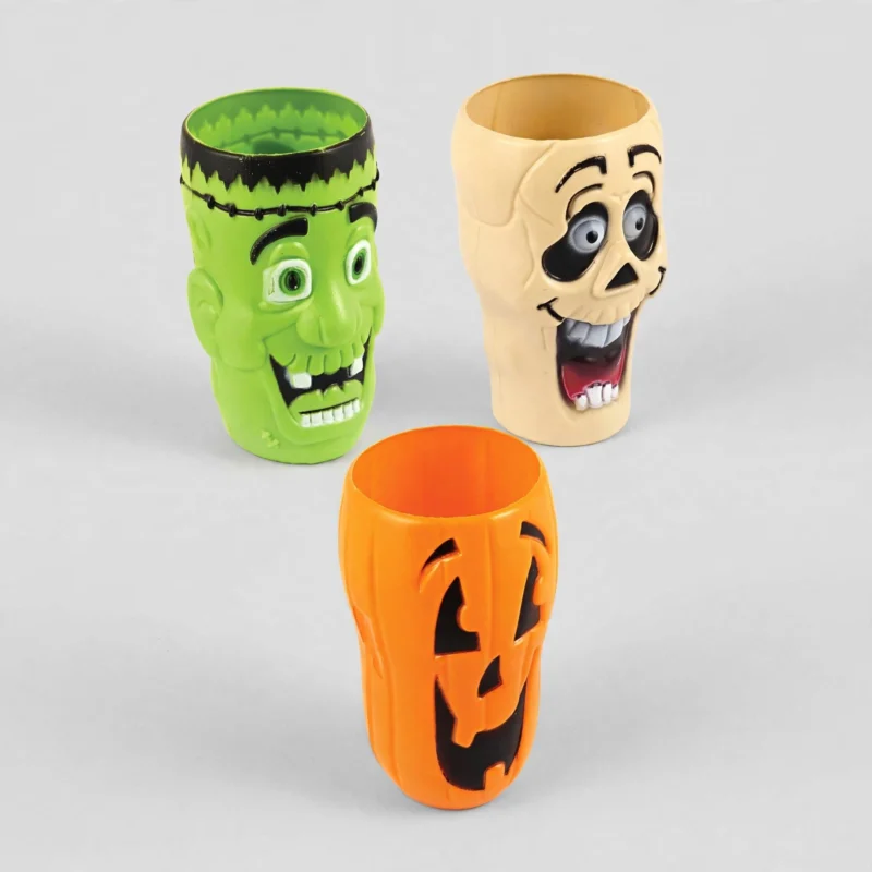 Spooky Halloween character party cups, three-quarter angle view