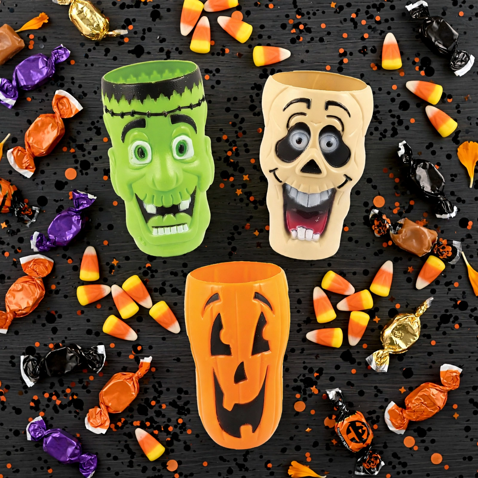 Flat lay of assorted Halloween party cups with sweets