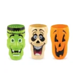 Assorted Halloween party cups with Frankenstein, skull and pumpkin designs, front view