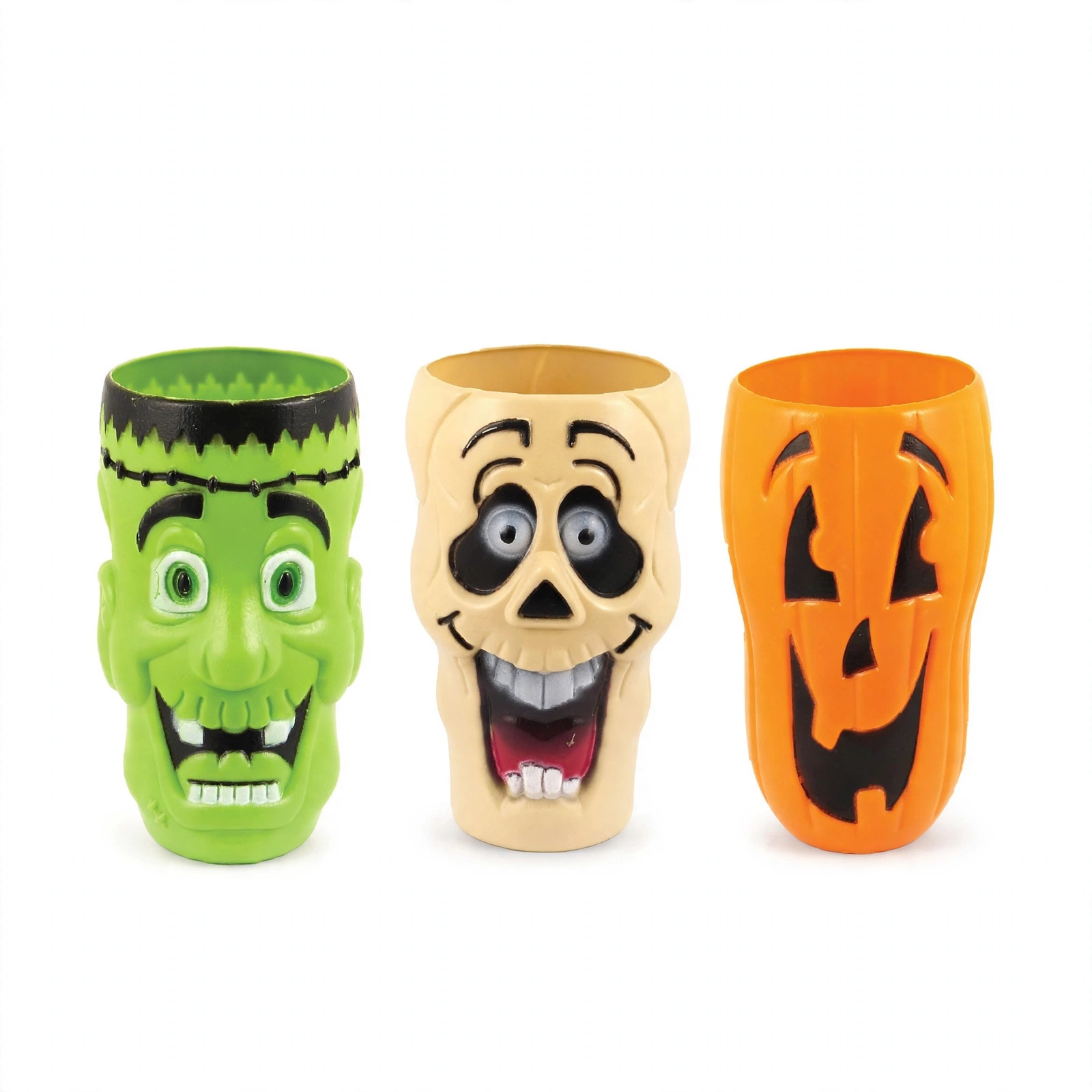 Halloween Party Cups Assorted Front View Assorted Halloween party cups with Frankenstein, skull and pumpkin designs, front view