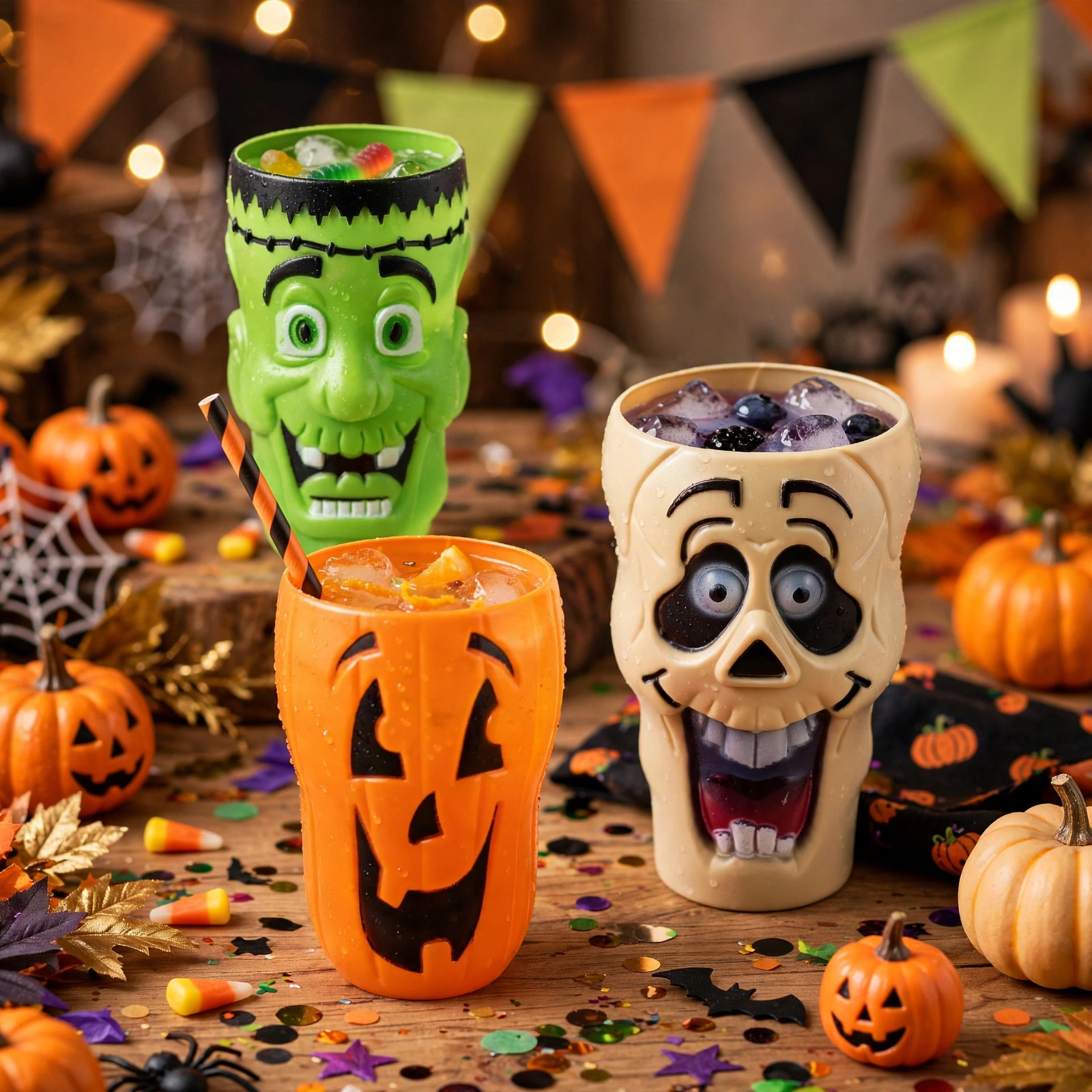 Halloween party cups with spooky character designs on a party table