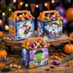 Halloween party treat boxes filled with sweets on a party table