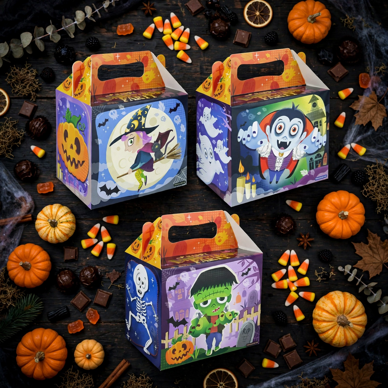 Three Halloween party treat boxes in witch, vampire and Frankenstein designs