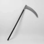 Halloween scythe toy with silver blade at three-quarter angle showing handle sections