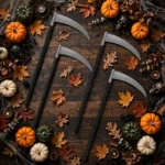 Halloween scythe toys styled with pumpkins and spooky party decorations