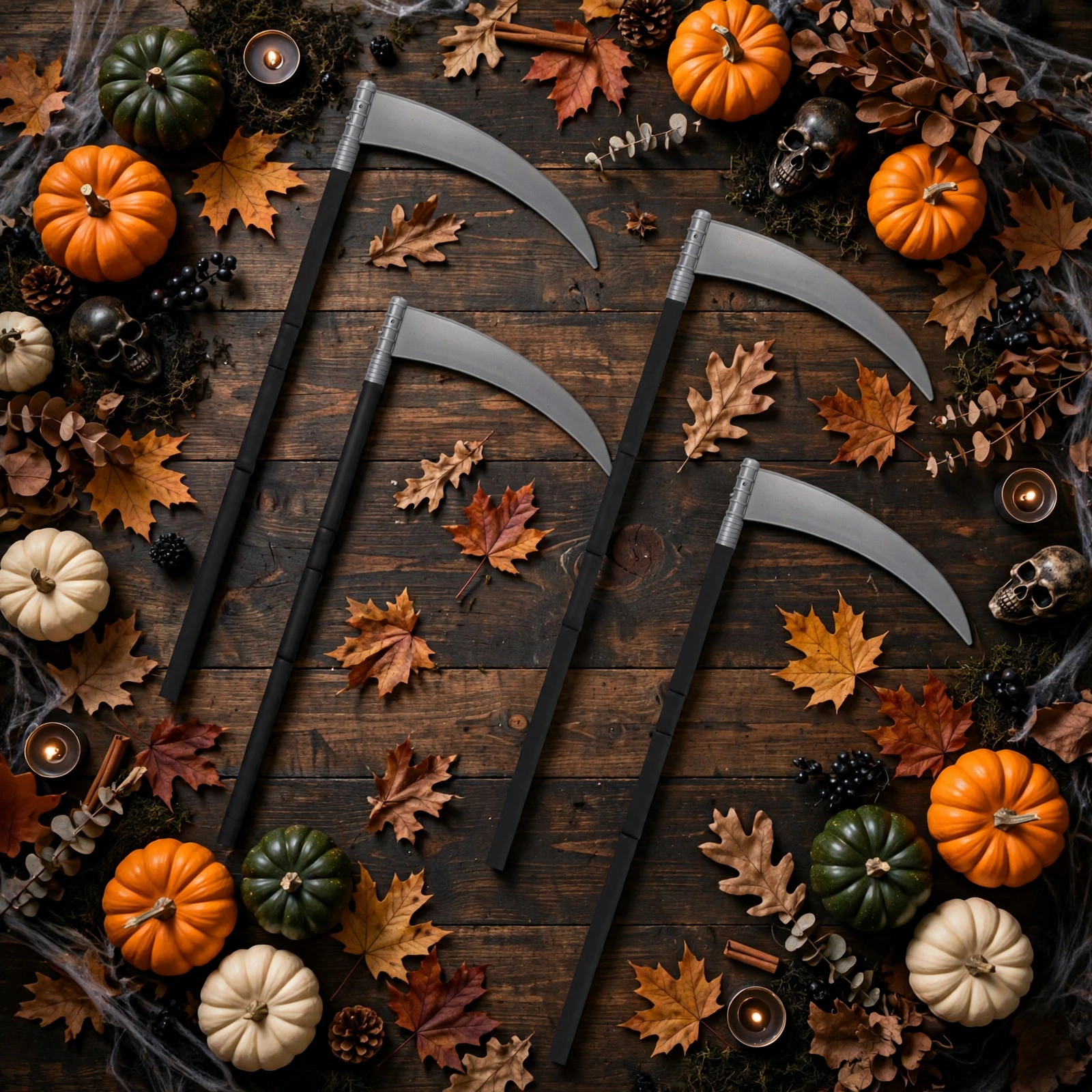 Halloween scythe toys styled with pumpkins and spooky party decorations