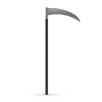 Four 110cm Halloween scythe toys with silver curved blades and black handles, front studio view