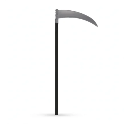 Four 110cm Halloween scythe toys with silver curved blades and black handles, front studio view