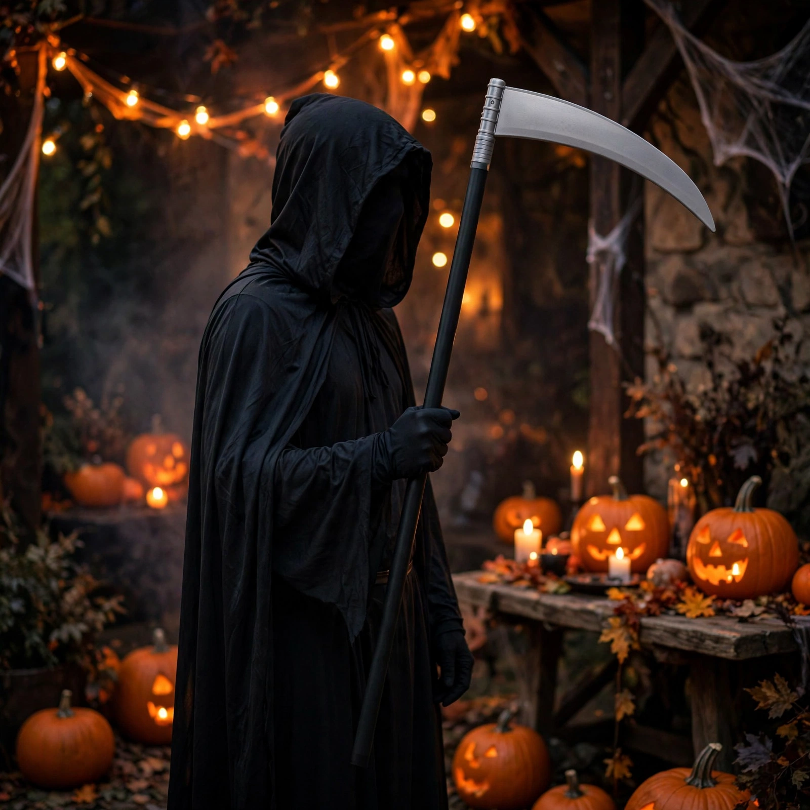 Person in grim reaper costume holding a 110cm Halloween scythe toy at a party