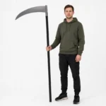 Halloween scythe toy held upright showing full 110cm scale next to a person