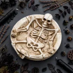 Flat lay of the skeleton ashtray with dried flowers and gothic styling