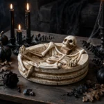 Skeleton ashtray styled on a coffee table with candles for Halloween