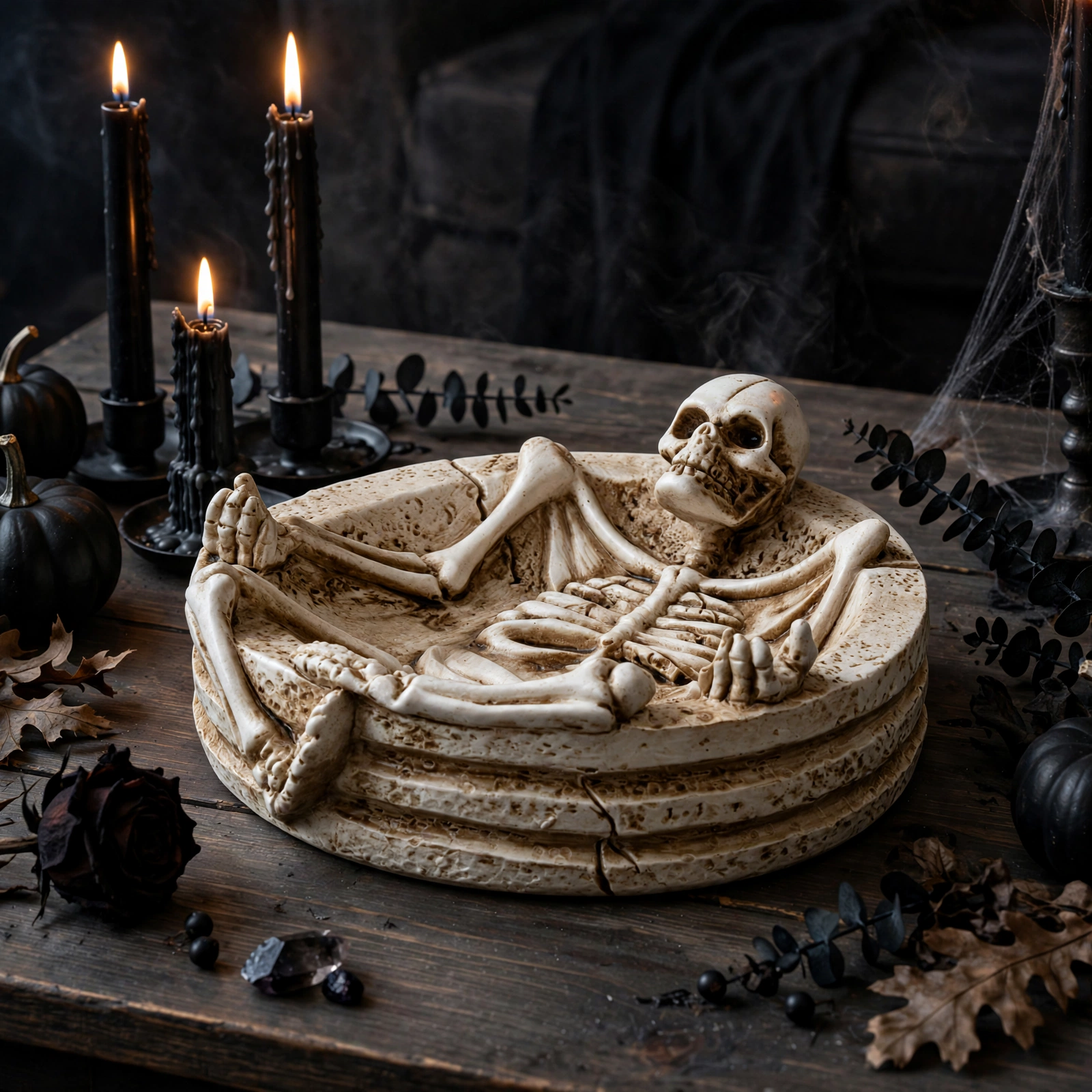 Skeleton ashtray on a coffee table styled with candles for Halloween