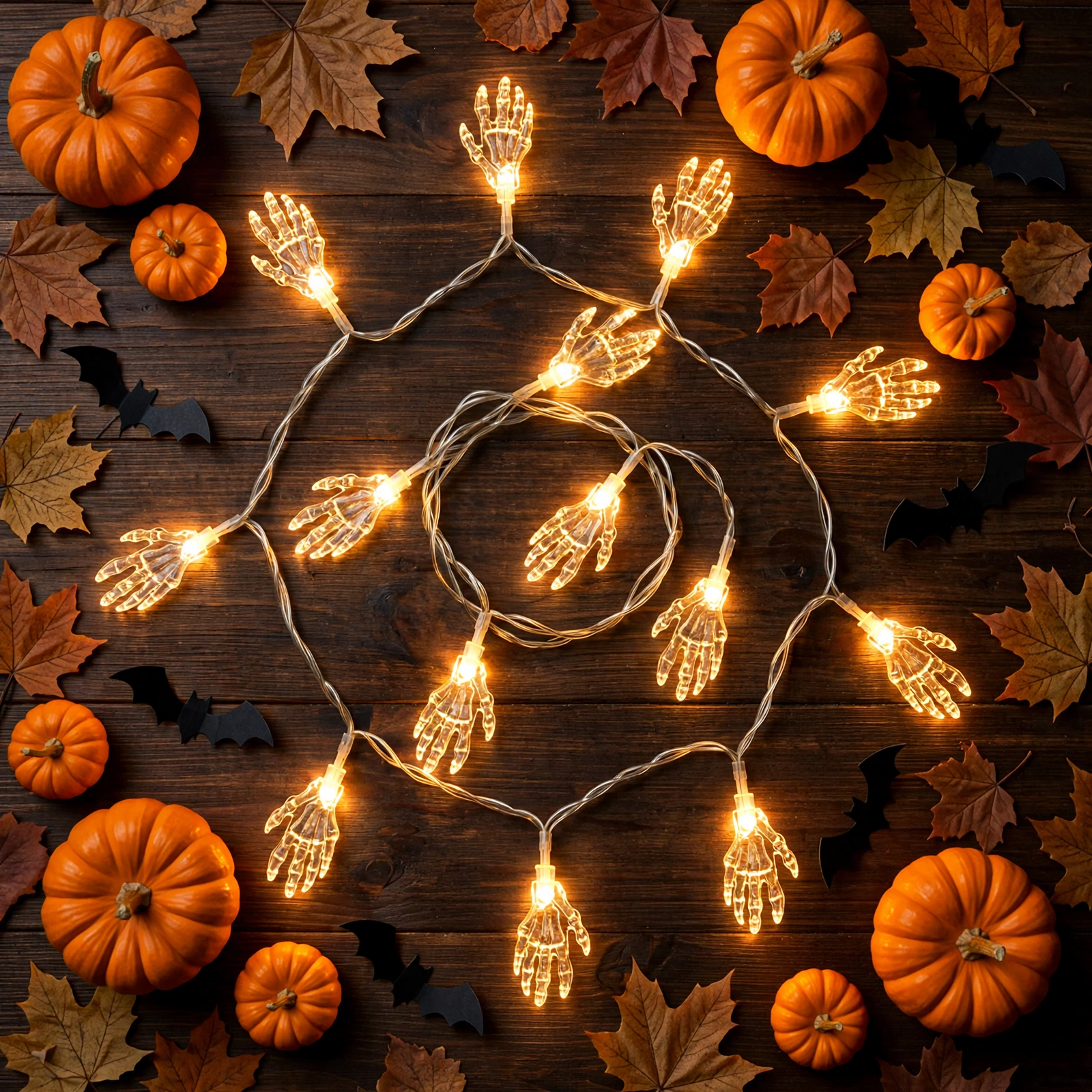Skeleton hand LED string lights styled flat lay with Halloween decorations