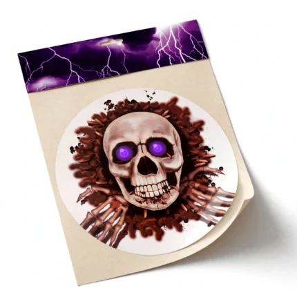 Halloween skull toilet seat decal at an angle showing the vivid print