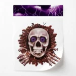Halloween scary skull toilet seat decal with purple eyes and skeleton hands, front view