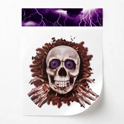 Halloween scary skull toilet seat decal with purple eyes and skeleton hands, front view