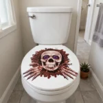 Halloween skull toilet seat decal shown on a toilet seat to show its size