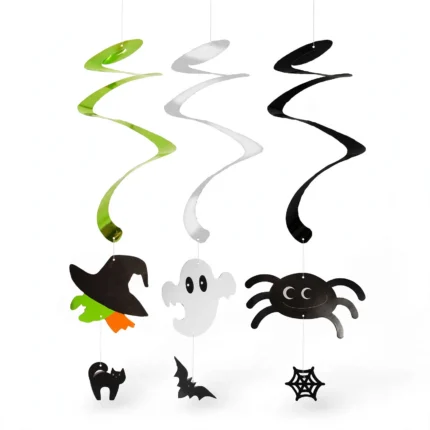 Halloween spiral decorations at an angle showing the foil swirls