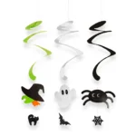 Pack of 3 hanging Halloween spiral decorations in green, silver and black, front view