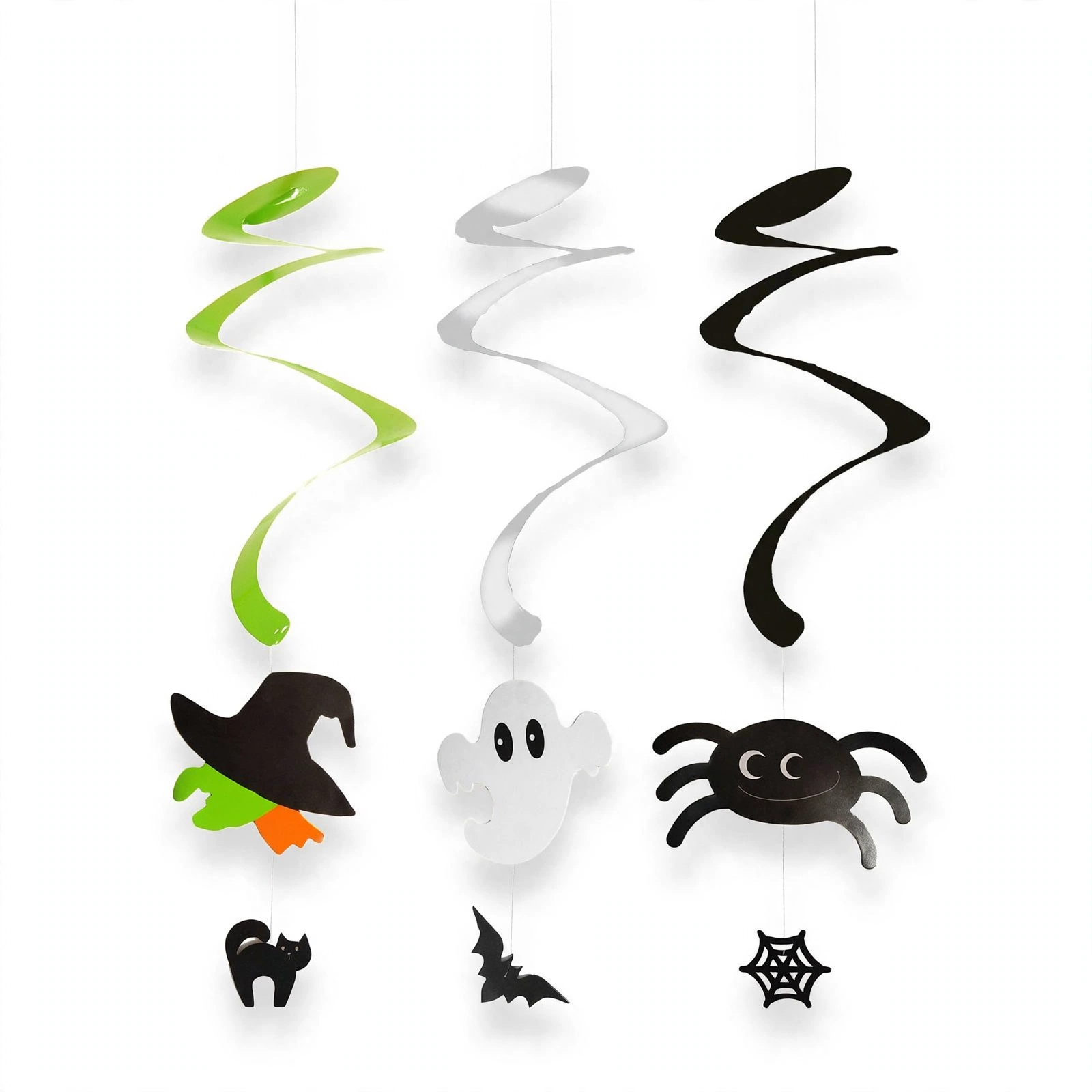 Hanging Halloween Spiral Decorations Front View Pack of 3 hanging Halloween spiral decorations in green, silver and black, front view