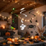 Hanging Halloween spiral decorations with ghost and bat cutouts above a party table